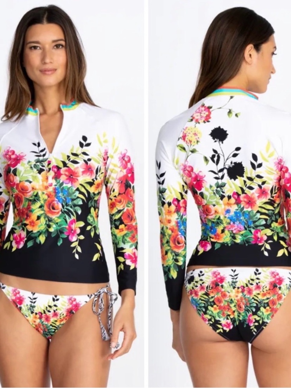 Johnny Was White Fay Multi-Color Floral Long-Sleeve Swim Rash Guard Set